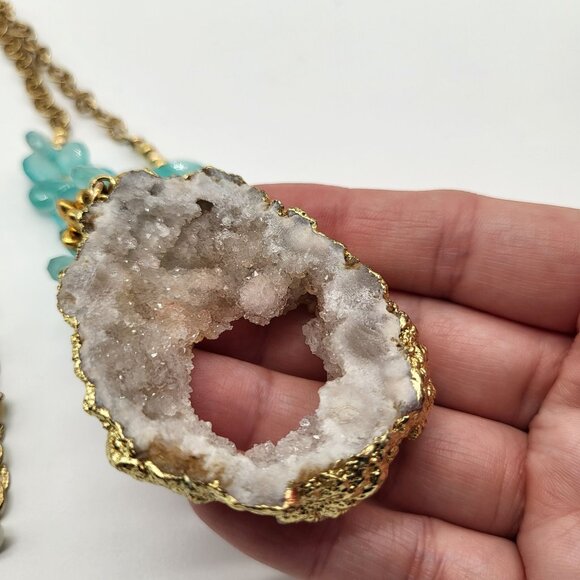 Laura J Finery Gold Plated Brass Necklace Druzy Geode Pendant Teal Gemstones - Picture 12 of 12